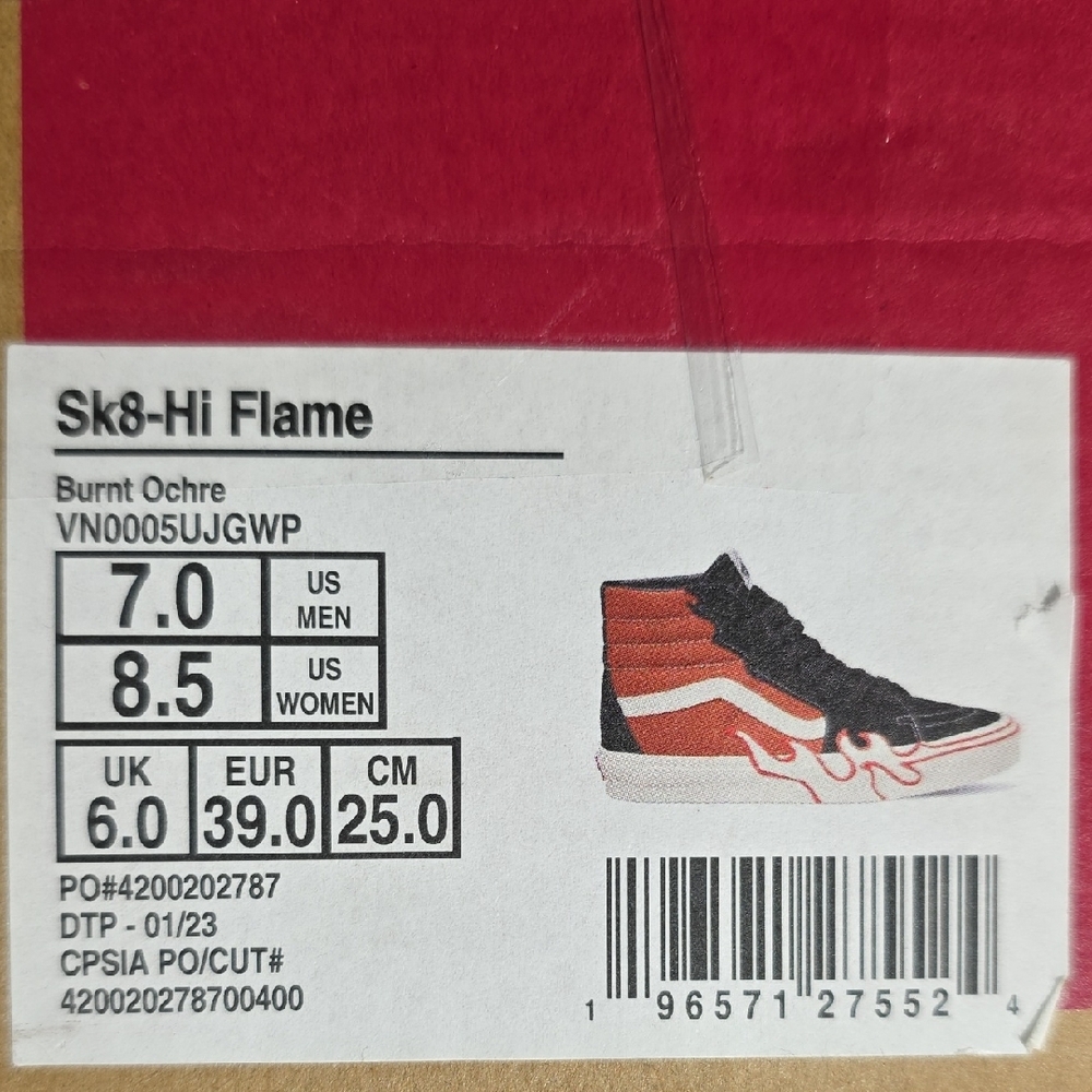 Vans Sk8-Hi Flame Burnt Ochre Black Mens 7.0 Womens 8.5 - Picture 2 of 6